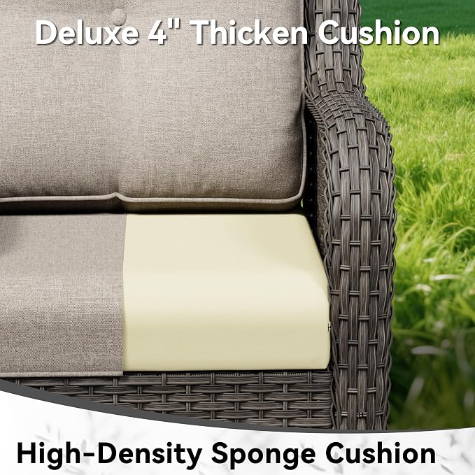 3 Seat Outdoor Couch, Wicker Patio Sofa with Thickened Olefin Cushions, High Back and Deep Seating, Hand-Woven PE Rattan for Porch, Deck, Balcony