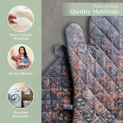 Maison d' Hermine 100% Cotton Oven Mitt & Pot Holder Set (7.5"x13" & 8"x8") Heat Resistant BBQ Cooking Gloves with Loop for Thanksgiving Christmas Decorations Handling Hot Pans (Imperfection)