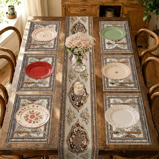 Nuxovilar Square placemats Set of 7 Table Runner and placemats Pink Floral&Vintage Pattern Linen-Cotton Tablerunner(72X13inch)&6 Placemats(11.8X17.7) Table Setting Supplies Cafe,Family Dinner