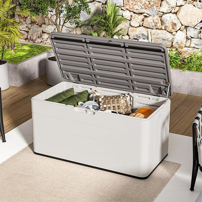 110 Gallon Pro Resin Deck Box, Waterproof Outdoor Storage Bin for Patio Furniture, Pool Accessories, and Garden Tools, Lockable & UV-Resistant, White
