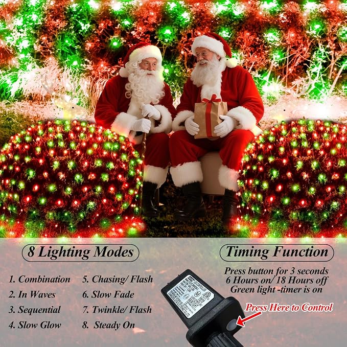 Lovelite 300LED Christmas Net Lights, 14.8ft x 5ft Mesh Lights Outdoor Green Wire 8 Modes Timer, Waterproof Connectable String Lights for Bushes Xmas Tree Garden Holiday Party Decor - Red Green