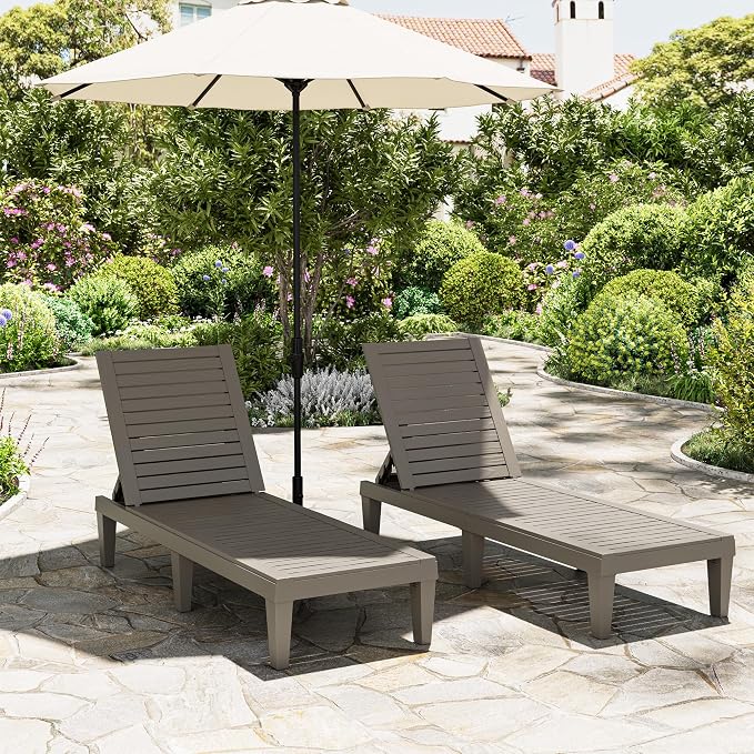Outdoor Lounge Chairs Set of 2, 5-Position Adjustable Tanning Chairs with Wood Grain, All-Weather Resin Patio Recliners for Pool, Garden, Deck, Beach, Patio Lounge Chairs, Texture Grey
