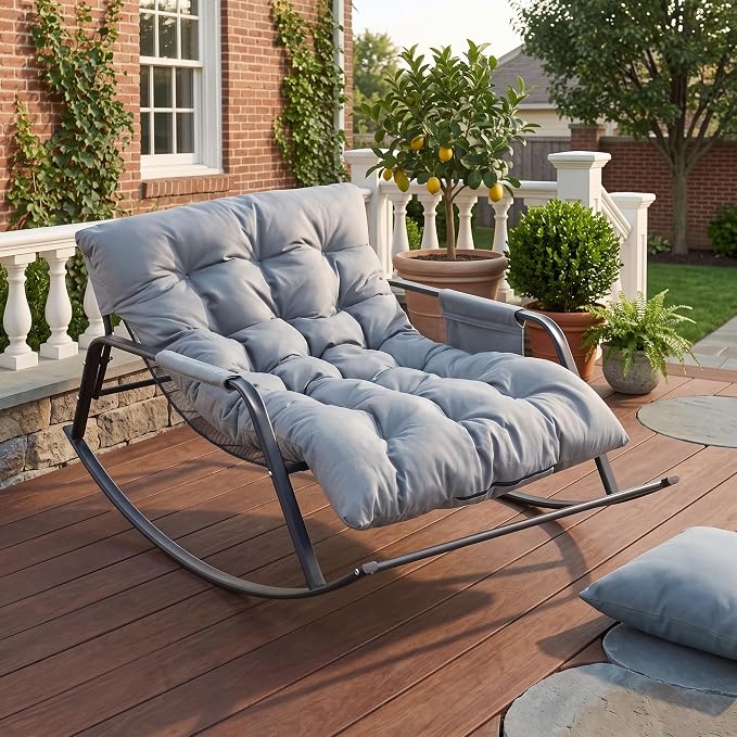 Rocking Papasan Chair, Leather Upholstered Lounge Chair, Gray | Extra-Wide Rocking Chair with Technical Leather Upholstery, Sturdy Frame and Smooth Glide for Indoor / Outdoor Scenes