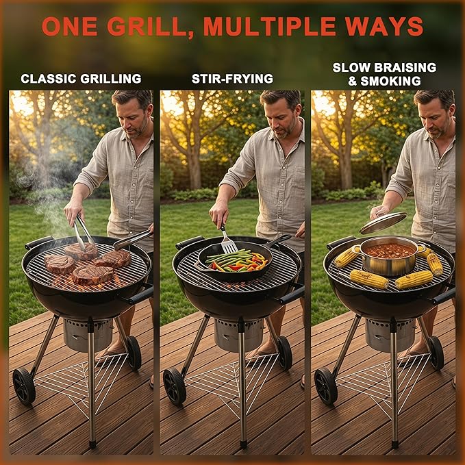 Elitzia 22 Inch Classic Kettle Charcoal Grill Portable Outdoor Round Enamel BBQ Grill with Removable Center Grate with Thermometer Chrome Plated Cooking Grid for Backyard Camp Patio Gathering ETBBQ03