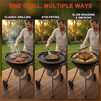 Elitzia 22 Inch Classic Kettle Charcoal Grill Portable Outdoor Round Enamel BBQ Grill with Removable Center Grate with Thermometer Chrome Plated Cooking Grid for Backyard Camp Patio Gathering ETBBQ03