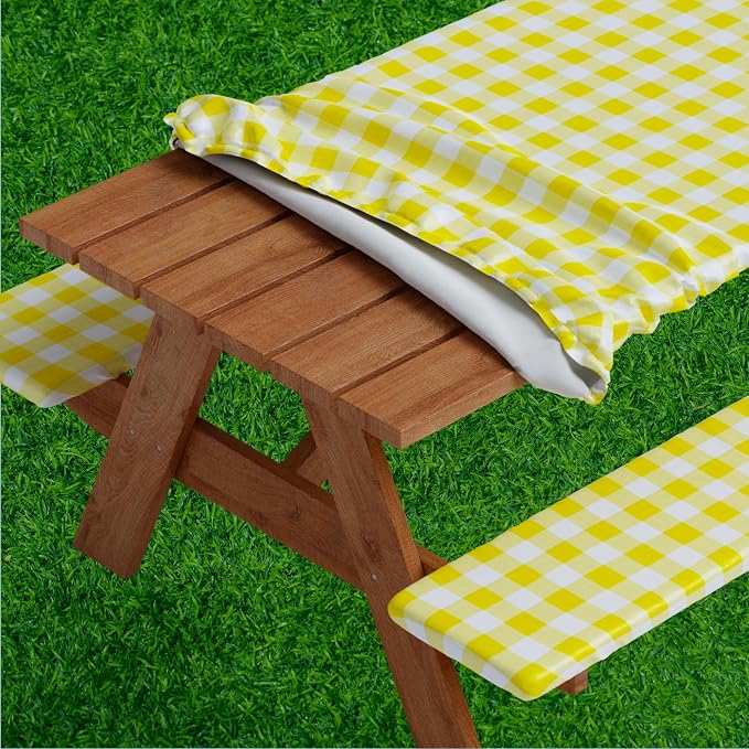 Picnic Table Cover with Bench Covers -Fitted with Elastic, Vinyl with Flannel Back, Fits for Table 30"x 60" Rectangle,Water Proof, Checked Yellow Design
