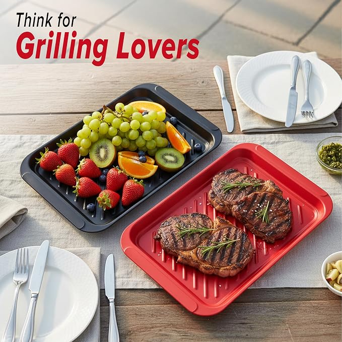 2PCs Prep and Serve Trays, 17" x 10.5" Melamine Deep Grilling Prep & Serve Trays, Melamine Trays | Serving Tray & Marinating Tray, BBQ Platters for Raw and Cooked Food, Serving Trays (Red, Black)
