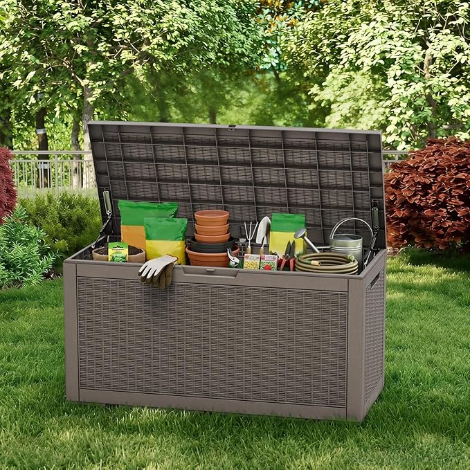 Pepe Tee Waterproof Resin Deck Box, Outdoor Storage Bin for Patio Furniture Cushions, All-Weather Garden Organizer & Seating Bench, Coffee
