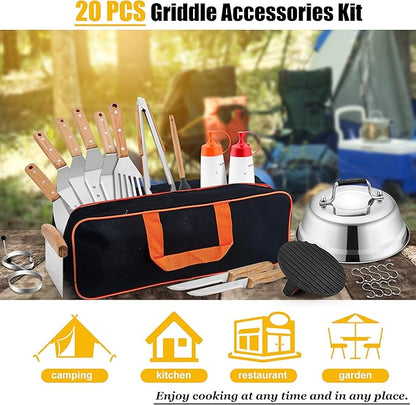 Griddle Accessories Kit, HaSteeL 20 Pcs Flat Top Grill Accessories Set for Camping, Griddle Spatula Tools with 9” Melting Dome, Grill Spatula Set with Choppers for Teppanyaki BBQ Outdoor