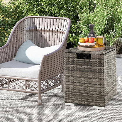 Tangkula Outdoor Propane Tank Cover Table, Patiojoy Wicker Hideaway Table for Gas Fire Pits, 20 lbs Propane Tank Storage Box, Outdoor Wicker Side Table & Propane Tank Holder (Mix Grey)