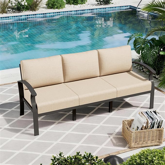 ALAULM Aluminum 3-Seat Patio Furniture Set, Metal Outdoor Furniture Sectional Sofas w/5.1" Cushions for Patio, Backyard, Poolside-Sand