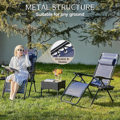 Sweetcrispy Zero Gravity Chairs, Set of 2 Portable Recliner Beach Camping Patio Outdoor Folding Lounge Chair with Cup Holder Trays and Adjustable Pillow for Poolside, Garden, Backyard, Lawn, Blue