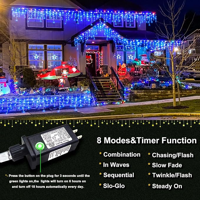66FT Icicle Lights for Outside 640 LED Blue Christmas Lights Outdoor | Conenectable Icicle Christmas Lights Plug in 8 Modes Waterproof for Outside Indoor Holiday Pavilion Balcony House Decorations