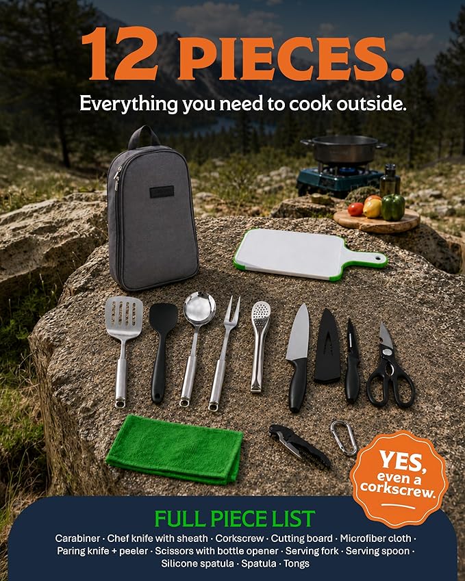 Life2Go 12 Piece Stainless Steel Camping Cooking Utensils Set, Portable Outdoor Kitchen Kit with Chef Knife, Tongs, Spatula, Scissors, Camp Cooking Gear with Carry Case for Hiking, BBQ & Travel, Gray