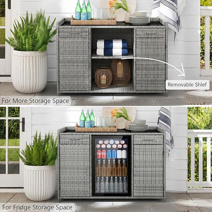 RUNNA 53.5" W Outdoor Wicker Storage Cabinet with Fridge Space,Weatherproof Outdoor Mini Fridge Bar Cabinet with Adjustable Shelves & Drawers for Pool Towel Storage,Garden,Kitchen (Grey#64)