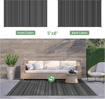 GENIMO Outdoor Rug, Waterproof Plastic Rugs for Patio, 5'x8' Light Grey | Outside Larger Modern Carpet Mat for Porch Decor, Deck, Balcony, Camping, RV, Backyard, Picnic, Beach, Reversible, Foldable