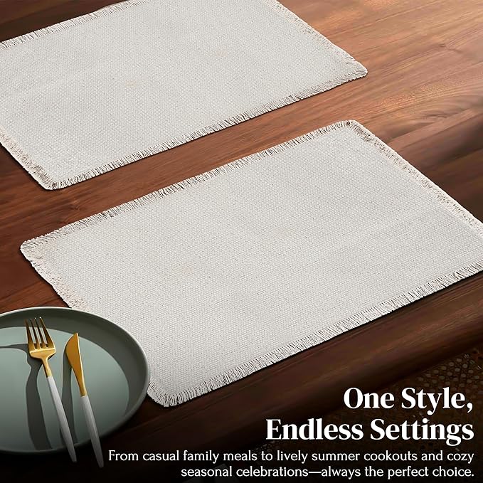 Hausattire Cotton Frayed Placemats Set of 6 Dining Table 13x19 Inch | Rustic Vintage Boho Washable Easter Placemat for Outdoor Parties BBQ's Wedding, Holiday, Nubby Cotton - Natural