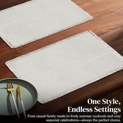 Hausattire Cotton Frayed Placemats Set of 6 Dining Table 13x19 Inch | Rustic Vintage Boho Washable Easter Placemat for Outdoor Parties BBQ's Wedding, Holiday, Nubby Cotton - Natural