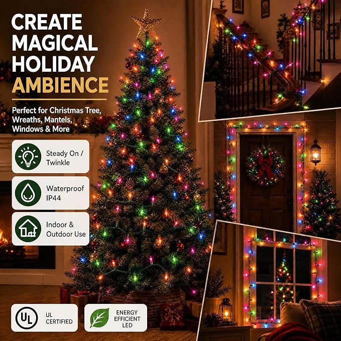 TW SHINE Outdoor Christmas Lights, 20FT 100 Count Christmas String Lights Incandescent, Waterproof Indoor Mini Christmas Tree Lights for Xmas Decorations, Multi Colored