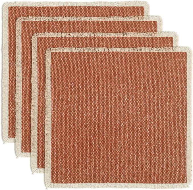 Hausattire Cotton Frayed Placemats Set of 4 Dining Table 14x14 Inch | Rustic Harvest Boho Washable Easter Placemat for Outdoor Parties BBQ's Wedding, Holiday, Nubby Cotton - Rust
