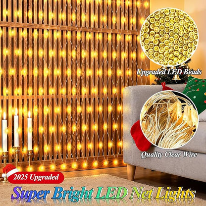 6.6ft x 6.6ft Christmas Net Lights, 160LED Gazebo Mesh Lights Outdoor 8 Modes Timer, Waterproof Connectable String Lights Clear Wire for Bushes Patio Pergolas Garden Holiday Party - Warm White