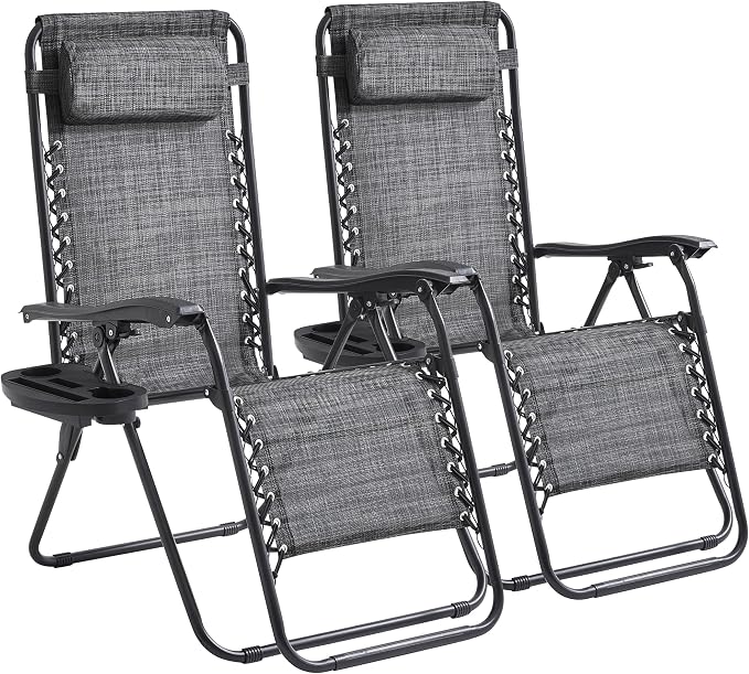 2-Pack Zero Gravity Lounge Chair Recliners - Adjustable Steel Frame with Removable Headrests & Cup/Phone/Tablet Trays - 330LBS Capacity - Gray