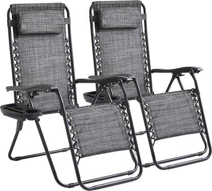 2-Pack Zero Gravity Lounge Chair Recliners - Adjustable Steel Frame with Removable Headrests & Cup/Phone/Tablet Trays - 330LBS Capacity - Gray