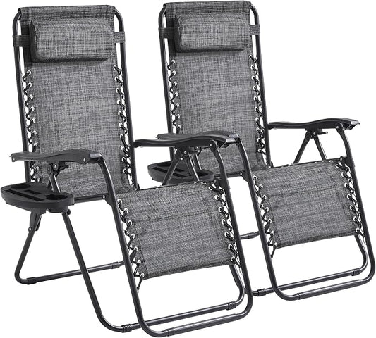 2-Pack Zero Gravity Lounge Chair Recliners - Adjustable Steel Frame with Removable Headrests & Cup/Phone/Tablet Trays - 330LBS Capacity - Gray