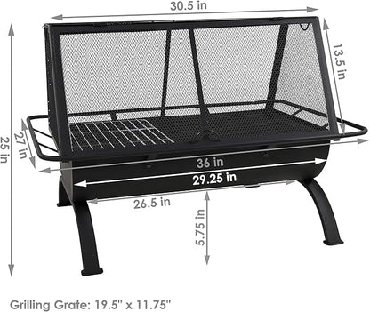 Sunnydaze 36-Inch Northland Steel Outdoor Fire Pit with Grill - Outdoor Fireplace with Cooking Grate, Spark Screen, Cover, and Poker