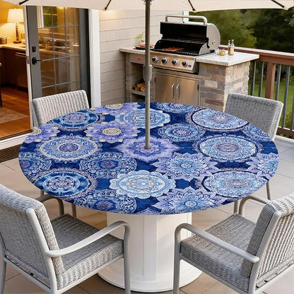 Outdoor Tablecloth with Umbrella Hole and Zipper Fits 61-65" Tables | Waterproof Round Fitted Tablecloth with Elastic Edge, Wipeable Outdoor Table Cover for Patio, Garden, Picnic