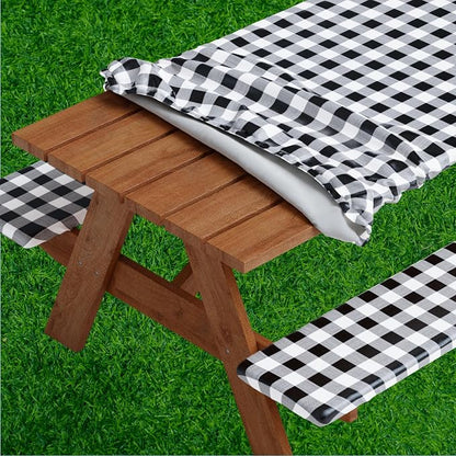 Picnic Table Cover with Bench Covers -Fitted with Elastic, Vinyl with Flannel Back, Fits for Table 30"x 72" Rectangle,Water Proof, Checked Black Design