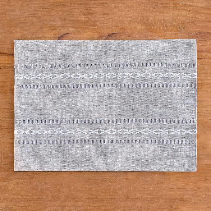 Wracra Cotton Linen Place Mats, Grey Embroidered Placemats Set of 4 | Placemats 12 x 18 Inch; Cotton Linen Woven Fabric; Heat Resistant Table Mats; Raised Embroidered Hollow Design