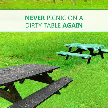 LINPRO 6ft Picnic Table Cover with Bench Covers Vinyl Fitted Picnic Table Covers with Elastic Camping Essentials and Picnic Tablecloth and RV Accessories