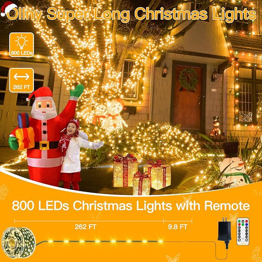 Ollny Christmas Lights 800 LED 262 FT Plug in, IP67 Waterproof Green Wire Outdoor Christmas Lights with Remote, 8 Modes and Timer Outdoor String Light for House Indoor Xmas Decorations (Warm White)