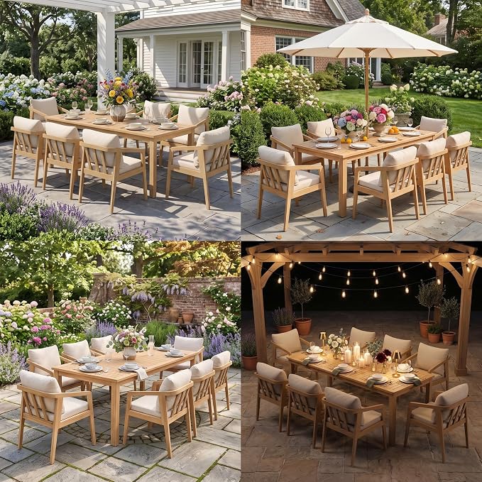FansaFurn 9 Pieces Acacia Outdoor Patio Table and Chairs Set for All-Weather, Outside Furniture with Table Umbrella Hole and Removable Cushion for 8, Outdoor Furniture Set for Garden, Patio, Beige