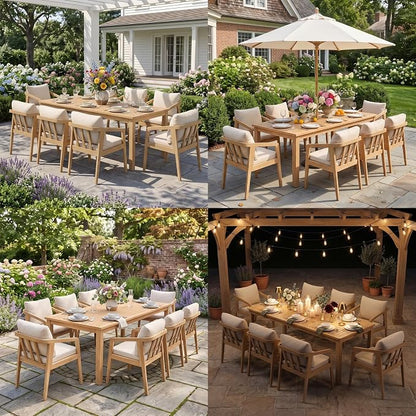 FansaFurn 9 Pieces Acacia Outdoor Patio Table and Chairs Set for All-Weather, Outside Furniture with Table Umbrella Hole and Removable Cushion for 8, Outdoor Furniture Set for Garden, Patio, Beige