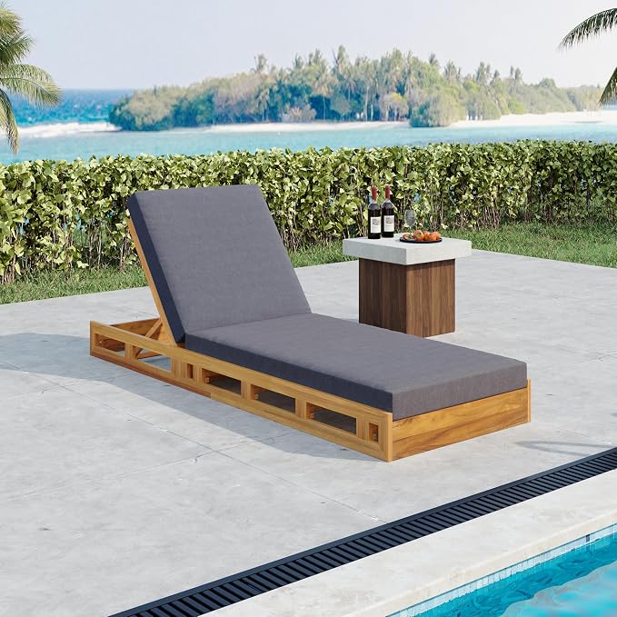 Merax Patio Chaise Lounge with Adjustable Backrest & Cushion, Acacia Wood Recliner Chair with Teak Finish for Backyard Pool Garden