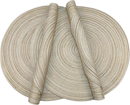 Red-A，Placemats,Round Placemats for Dining Table Set of 4 Woven Heat Resistant Non-Slip Kitchen Table Mats Diameter 14 Inch(Cream with Golden Silk)