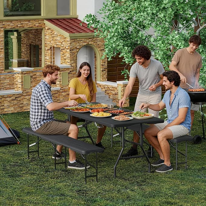VSOAEIL 6 Foot Folding Picnic Table Set with 2 Benches, HDPE Tree Pattern Top, 3-Piece Portable Indoor Outdoor Furniture with Safety Locks & Handle for Party Camping, Black