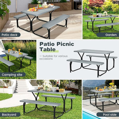 Picnic Table, Outdoor Dining Table with 2 Benches, Wood Grain Tabletop, Heavy Duty Metal Frame, Portable Picnic Table for Outdoors Backyard Garden Lawn Patio Poolside Deck (Grey)
