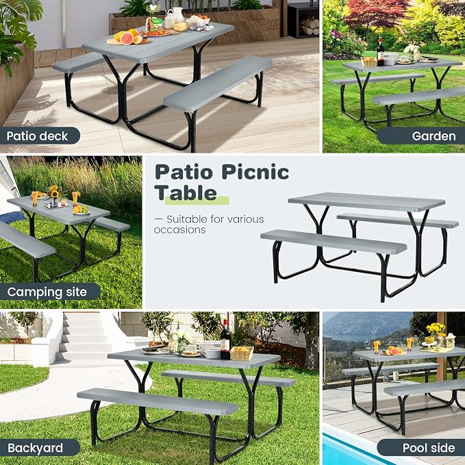COSTWAY Outdoor Picnic Table, HDPE Plastic Picnic Table Bench Set | Weather Resistant Tabletop & Wood Texture, Ideal for Patio, Backyard (59" D x 54" W x 28.5" H,Grey)