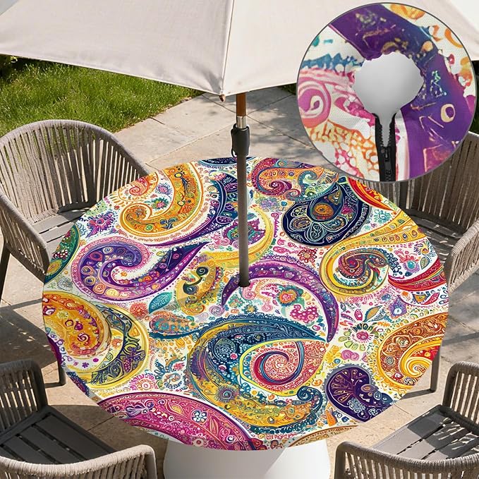 Outdoor Tablecloth with Umbrella Hole and Zipper Fits 61-65" Tables | Waterproof Round Fitted Tablecloth with Elastic Edge, Wipeable Outdoor Table Cover for Patio, Garden, Picnic