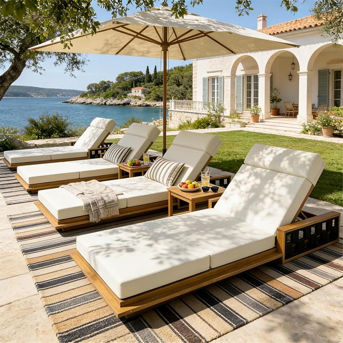 Merax Acacia Wood Patio Chaise Lounge Set of 4, Outdoor Reclining Chairs with 4-Position Adjustable Backrest, 4-Piece Sunbathing Recliner & 4" Thick Four-fold Cushion for Poolside, Garden, Beige