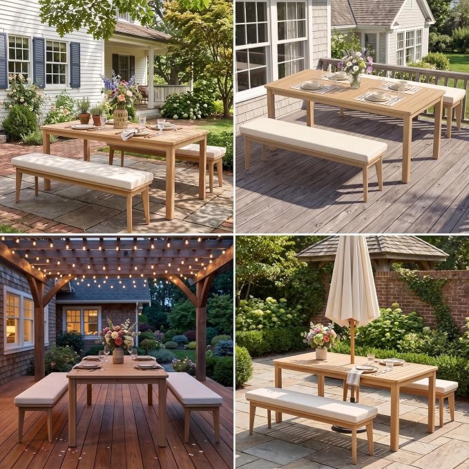 FansaFurn 3-Piece Acacia Patio Table and Chairs Set for All-Weather | Outside Furniture with Table Umbrella Hole and Removable Cushion, Backyard Furniture with Outdoor Bench for Lawn Garden