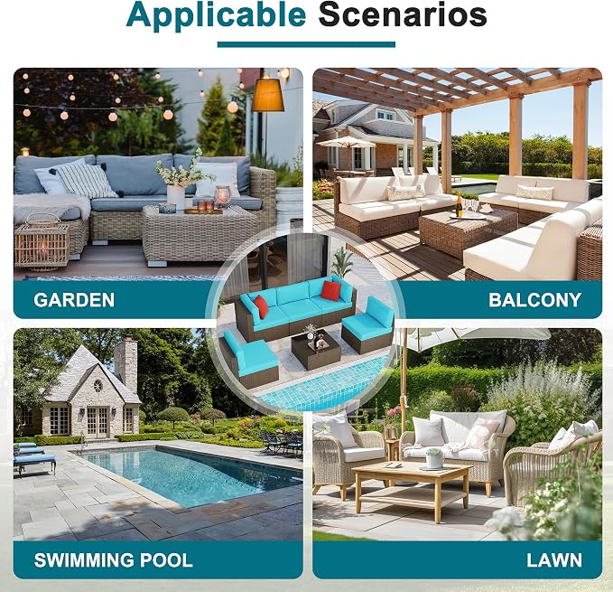 6 Pieces Patio Furniture Set Outdoor Couch Wicker Sectional Sofa, Blue