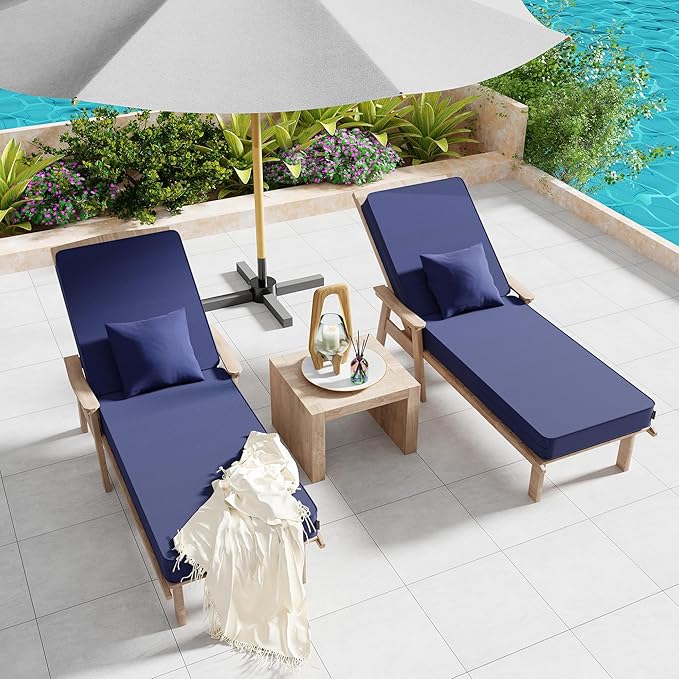 Outdoor Water-Resistant Olefin Chaise Lounge Cushions with Pillow, Weather and Fade Resistant Patio Furniture Lounge Chair Cushion Ideal for Patio, Lawn, Garden, Dark Blue, 80"L x 26"W x 5"T
