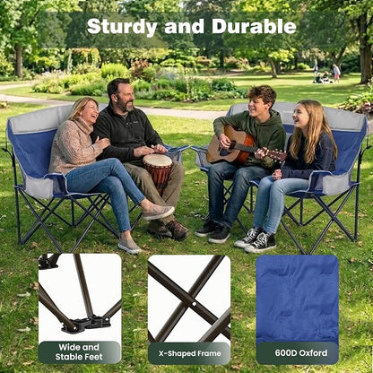 SunnyFeel Double Camping Loveseat Chair, Blue-Cooler, Foldable, Portable, Space Saving, Side Pocket, Cup Holders | 600LBS Heavy Duty Padded Camping Couch with Cup Holder, Cooler, Storage Pockets & Carry Bag for Outdoor/ Lawn/ Backyard