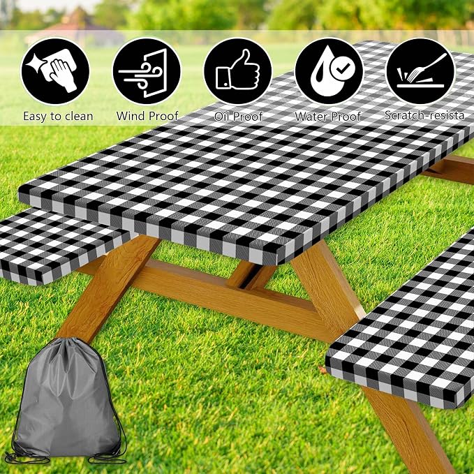 Picnic Table Cover with Bench Covers, Black and White Checkered Waterproof and Windproof, Fitted Tablecloth Cover with Elastic Edge, for Outdoor, Garden, Camping, 3 Pieces Set, 30x96 Inch