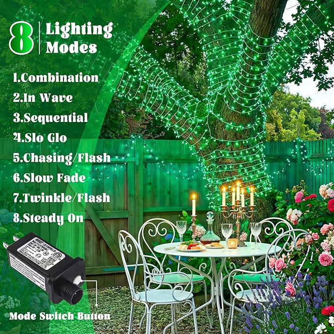 66FT 200 LED Outdoor String Lights, Plug in Christmas Lights Indoor Waterproof with 8 Modes, Connectable Clear Wire Fairy Twinkle Lights for Outside Home Patio Yard Party Holiday Decorations, Green