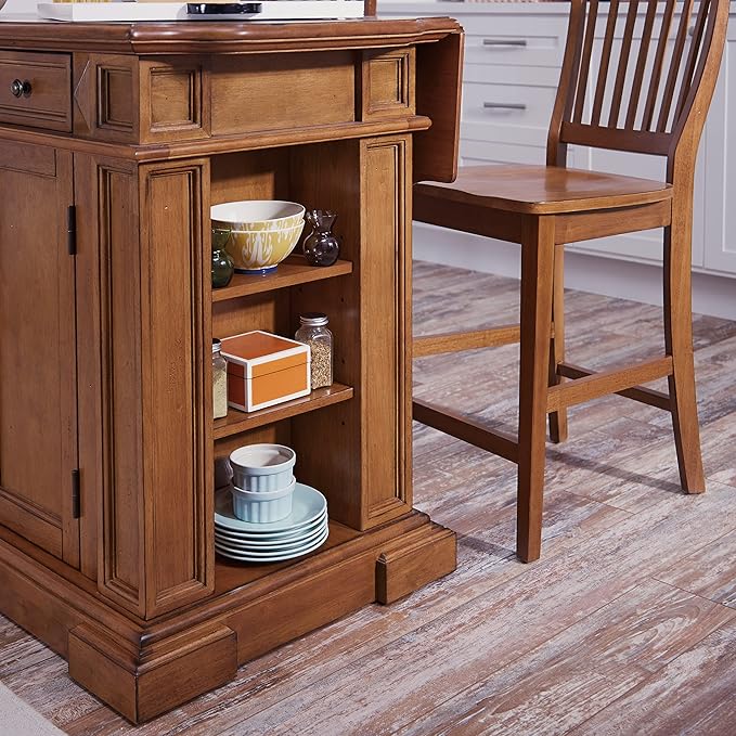 Homestyles Americana Cottage Oak 3-Piece Kitchen Island Set with Hardwood Drop Leaf Top and Two Counter Stools